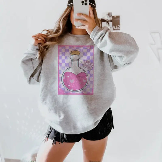 Checkered Love Potion Bottle sweawtshirt, Retro Valentine crewneck shirt for women, western outfits women, western clothing stuff for women, country girl clothes hoodies