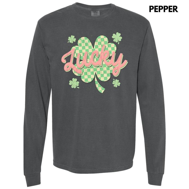 Checkered Lucky Shamrock Long Sleeve Comfort Colors T-Shirt Hoodie, Sweatshirt | DripVista.com