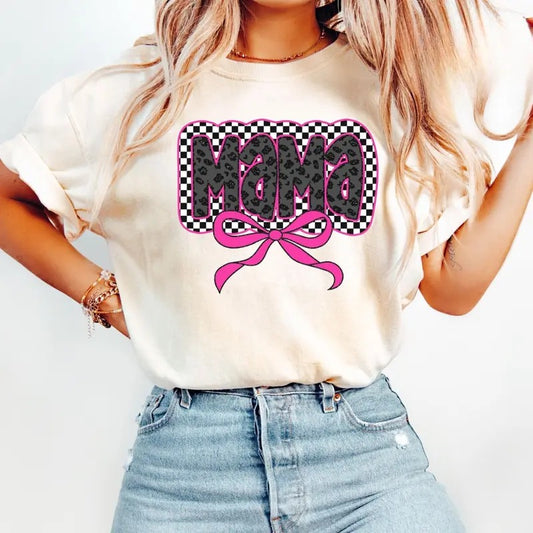 Checkered Mama Shirt, Coquette Mama Bow T-Shirt, Mama Shirt, Mother's Day Gift, Mama Gift, Gift for Mom Top Womenwear