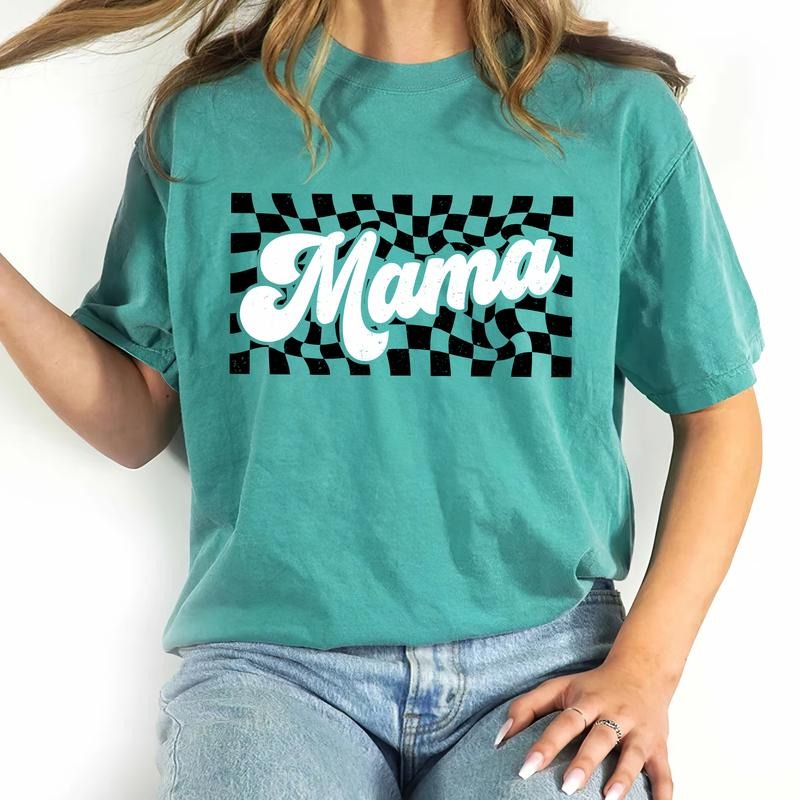 Checkered Mama Shirt, Retro Mama T-shirt, Checkered Patches Graphic Printed Tee, Vintage Distressed Checkered Soft Fabric...