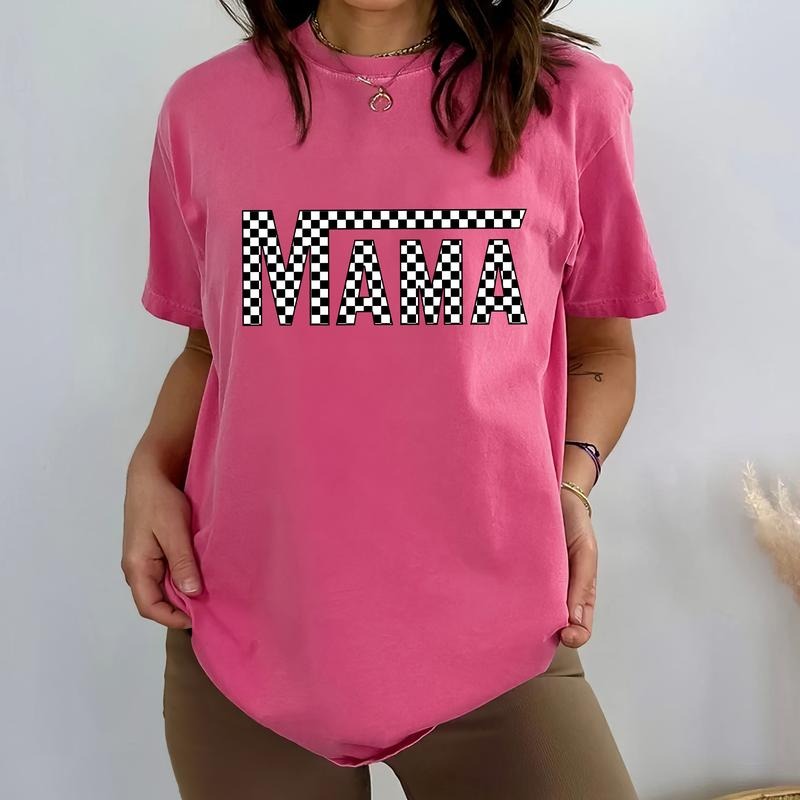 Checkered Mama Shirt, Vintage Mama Tee, Mom Life Graphic Printed Short Sleeve, Cotton Fabric Comforts Shirt For Women,...