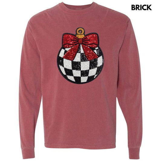 Checkered Ornament Sequin Patch Long Sleeve Comfort Colors T-Shirt