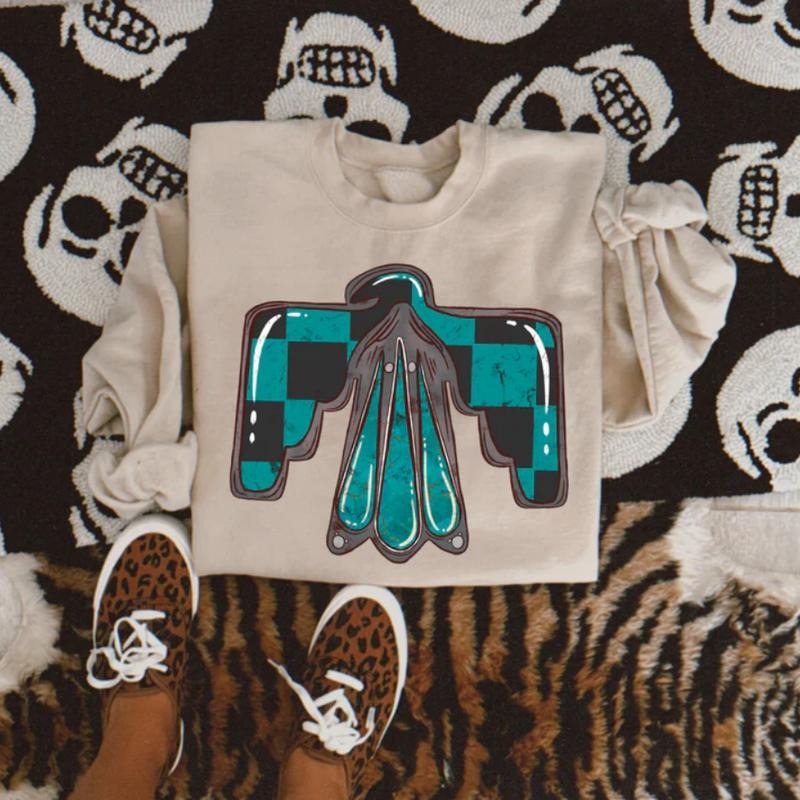 Checkered Thunderbird Sweatshirt, Graphic Crewneck Sweatshirt, cowgirl outfits, western clothing, western tops outfits...