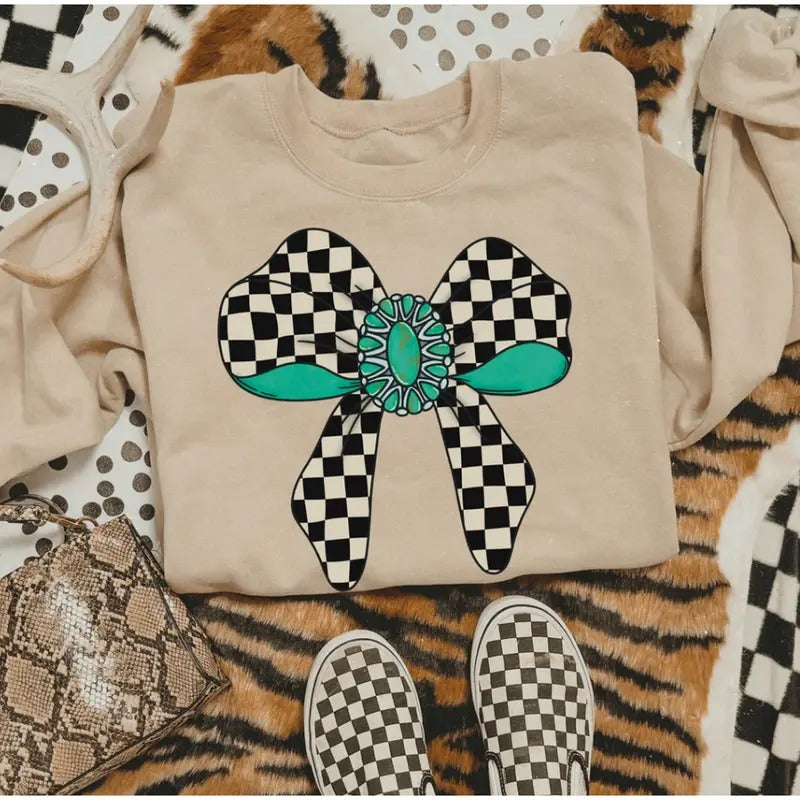 Checkered Turquoise Ribbon Sweatshirt, western clothing hoodies, western outfits women, western tops T-Shirts | DripVista.com
