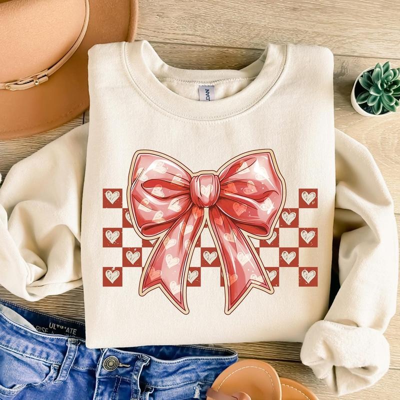 Checkered Valentine's day Heart Coquette Bow Sweat, Retro Valentine Design, Love Sweat, XoXo Sweat, Girls Valentine...