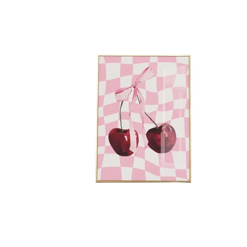 Checkered Wall Art, Cherry Print, Coquette Room Decor, Apartment Decor Funky, Aesthetic Room Decor Pink, Gifts For...