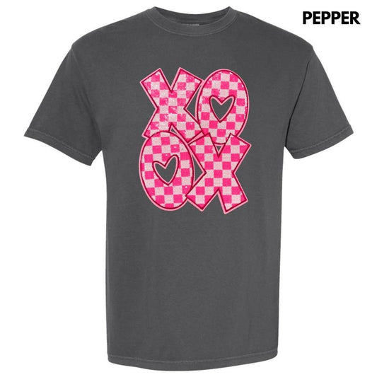 Checkered XOXO Pink Sequin Patch Comfort Colors T-Shirt