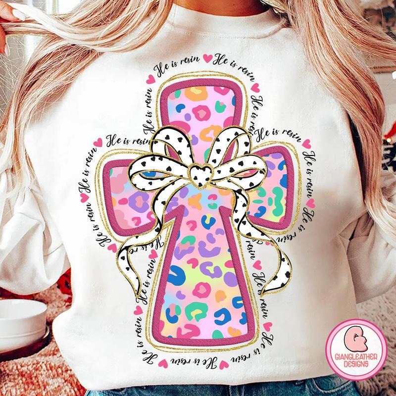 Cheetah cross easter Sweatshirt, Coquette cross Sweatshirt, He is risen Sweatshirt, Jesus easter Sweatshirt, Christian Easter Sweatshirt