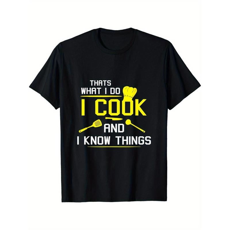 [Chef Geek Cotton Tee] Chef Geek 1pc Cotton Casual Crew Neck T-Shirt - Striped Applique, All-Season Sports & Outdoor Top for Adults, Regular Fit - "I Cook and I Know Things" Print Made in USA