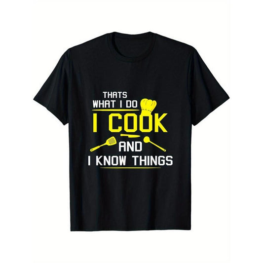 [Chef Geek Cotton Tee] Chef Geek 1pc Cotton Casual Crew Neck T-Shirt - Striped Applique, All-Season Sports & Outdoor Top for Adults, Regular Fit - "I Cook and I Know Things" Print Made in USA