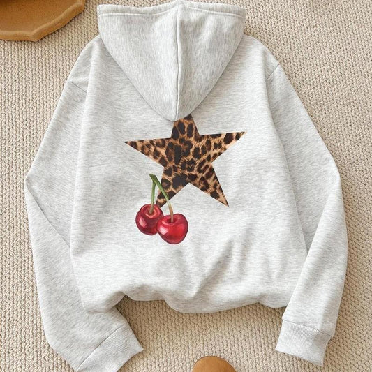 Cherry & Star Print Hoodie, Fashion Casual Hooded Sweatshirt for Daily Holiday Outdoor Wear, Women Clothing for Fall & Winter