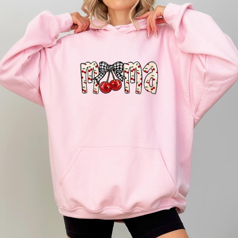 Cherry Bow Coquette Mama Hoodie, Coquette Cherry  Mama Graphic Hoodies, Checkered Bow Cherries Mom Hoodie, Gift For Mom,...