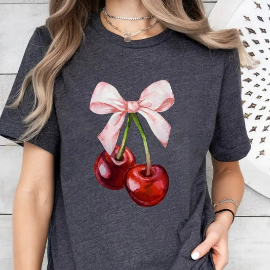 Cherry Bow T-Shirt, Bow Shirt, Aesthetic Shirt, Ribbon Trend, Coquette Shirt, Cherry Shirt, Cute Bow Shirt,  Pink Bow