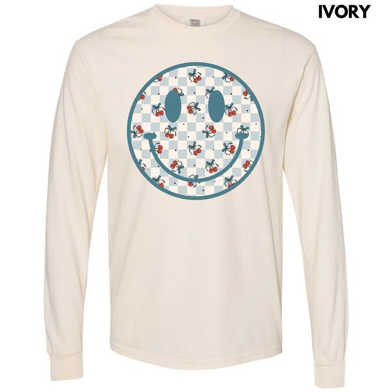 Cherry Checkered Happy Face Long Sleeve Comfort Colors T-Shirt 'NLB' Hoodie, Sweatshirt | DripVista.com