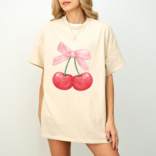 Cherry Coquette T-Shirt, Coquette Clothing, Soft Girl Era, Aesthetic Sweatshirt, Ribbon Sweatshirt, Cherry Sweatshirt, Pink Bow, Cherries