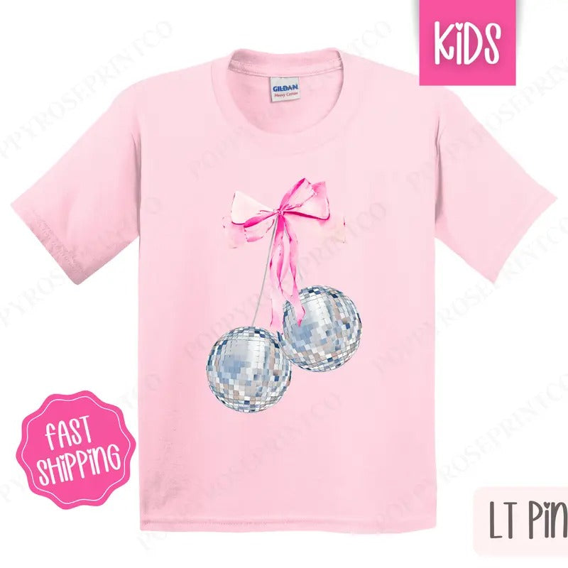 Cherry Disco Bow Kids Shirt - New Year's 2025 Children's Tshirt - Youth NYE Tee Gildan Hoodie, Sweatshirt | DripVista.com