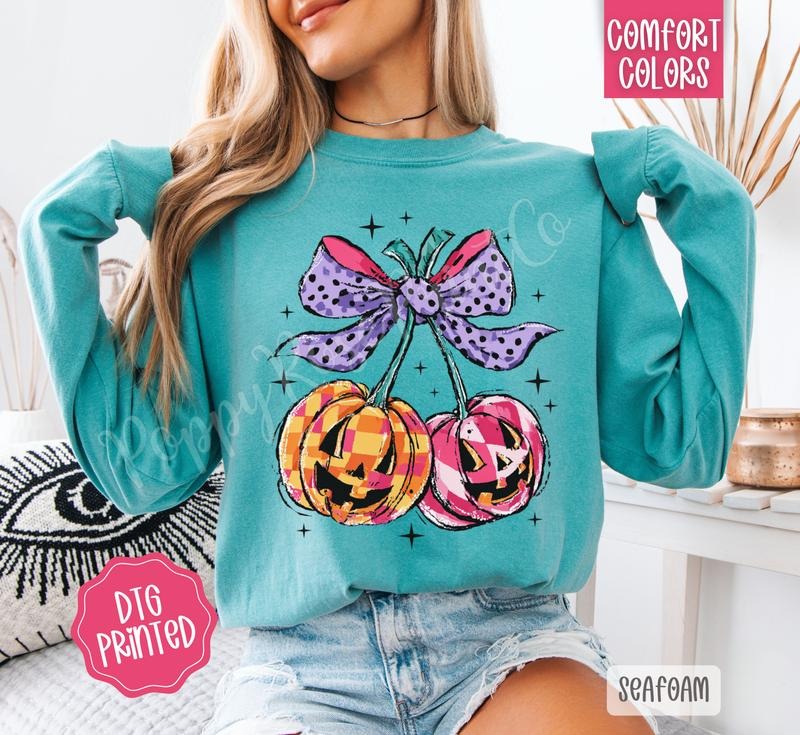 Cherry Jack O' Lanterns Comfort Colors Long Sleeve T-Shirt, Cute Women's Halloween Tee