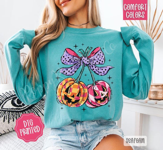 Cherry Jack O' Lanterns Comfort Colors Long Sleeve T-Shirt, Cute Women's Halloween Tee