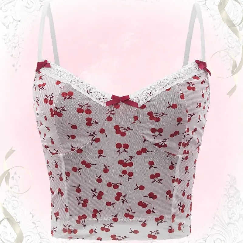 Cherry Print V Neck Summer Cami Top Bow Lace Trim Sleeveless Summer Crop Tops T-Shirts, Hoodie, Sweatshirt | DripVista.com