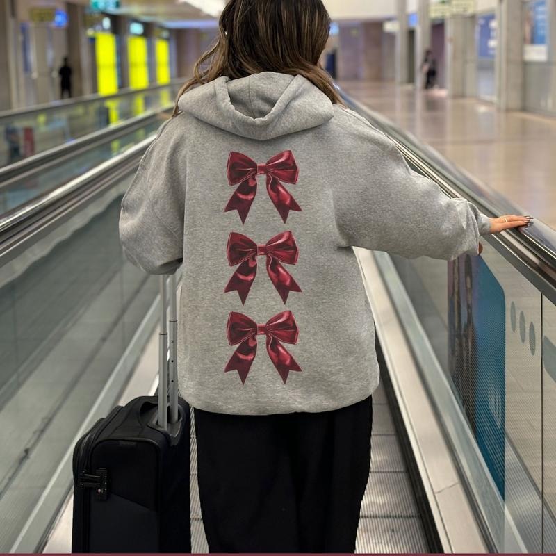 Cherry Red Bow Oversized Hoodie, Trendy Sweatshirt for Summer, Women's Letter Print Drop Shoulder Drawstring Hoodie, Custom Shirt Women Womenswear Babe