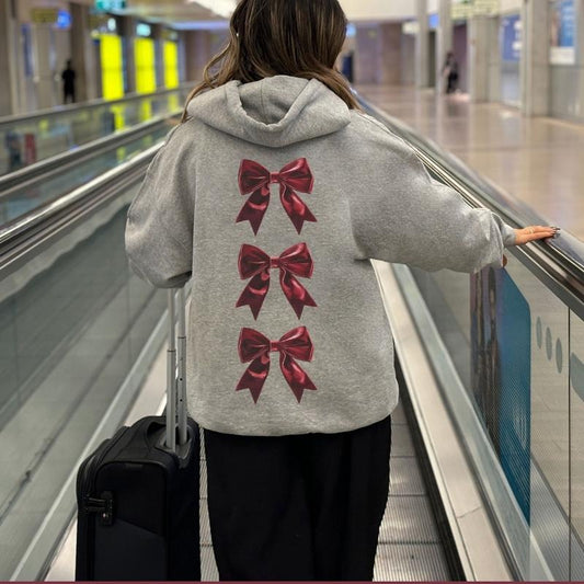 Cherry Red Bow Oversized Hoodie, Trendy Sweatshirt for Summer, Women's Letter Print Drop Shoulder Drawstring Hoodie, Custom Shirt Women Womenswear Babe