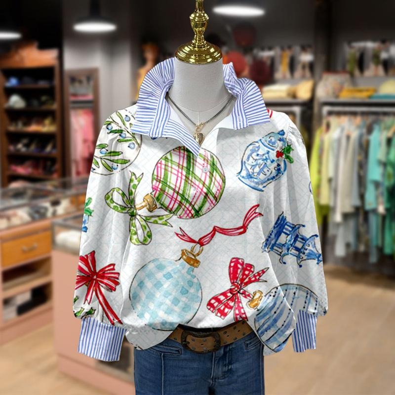 Cherrybetty Christmas Ornaments Print Striped Collar Top with Festive Spiky hair fighters Gunpla brand Ribbon Design for Holiday Wear Women'WB shield Fashion Outdoorfun