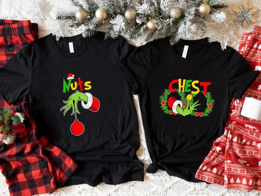 Chest Nuts Christmas Shirts, Matching Couples Christmas T-Shirt, Wife Husband Holiday Tee, New Married Gift Shirts.