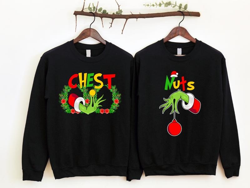 Chest Nuts Christmas Sweatshirts, Matching Couples Christmas Hoodie, Wife Husband Holiday Sweater, New Married Gift Sweatshirt.