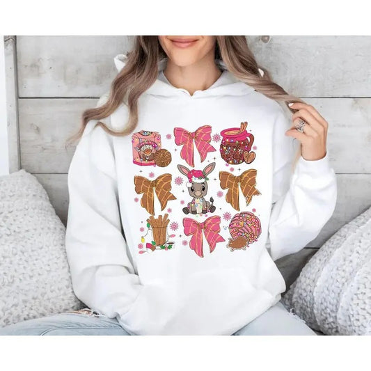 Chic Christmas Season Tee, Cozy Mexican Inspired Sweater, Fun Holiday Hoodie, Pink Spanish Sweatshirt with Tuki Donkey and Chocolate Motif, Pullover