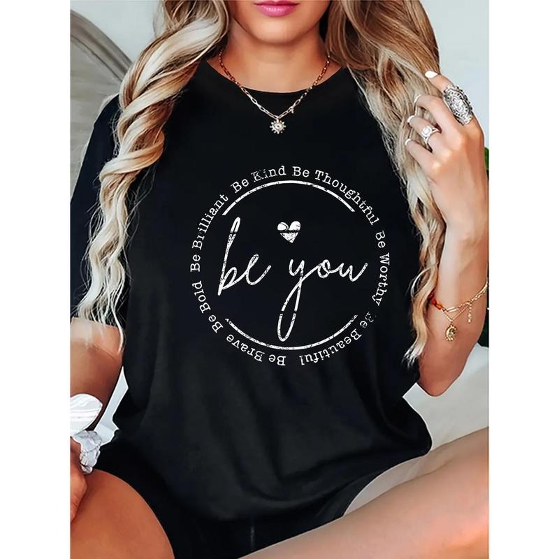 Chic Love Heart & Letter Print Women'WB shield T-Shirt - Casual Crew Neck, Short Sleeve, Stretchy Cotton, Machine...