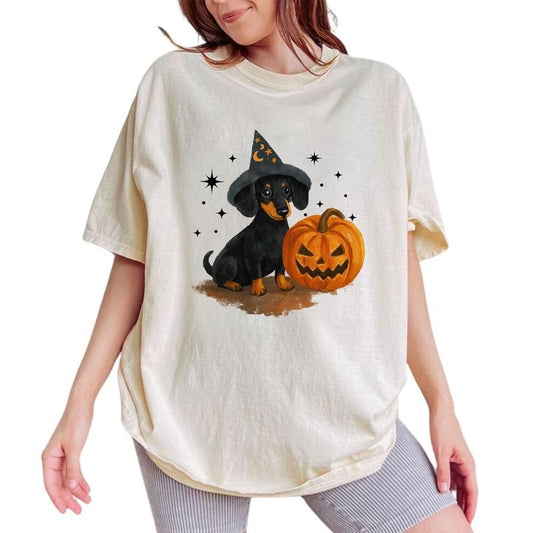 ChicCotton Dachshund On Pumpkin Comfort Colors Shirt, Wiener Dog T-shirt, Retro Halloween Graphic Tee, Dog Mom Clothing, Doxie Mom Outfits