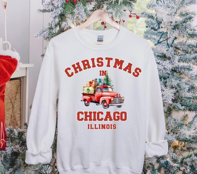 Chicago Christmas Sweatshirt, Illinois Sweater, State Shirt, Personalized City Name Shirt, Christmas Trip Sweatshirt, Christmas tree  T-shirt, sweater and Hoodie