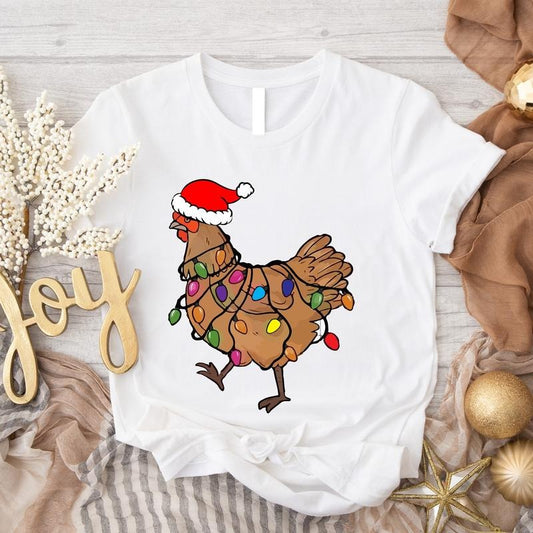 Chicken Christmas Lights Shirt, Farm Animal T-shirt, Funny Animal Shirt, Farmer Gift Tee For Christmas, Chicken Lover Holiday Short Sleeve, Chicken Lover Gift Tee.