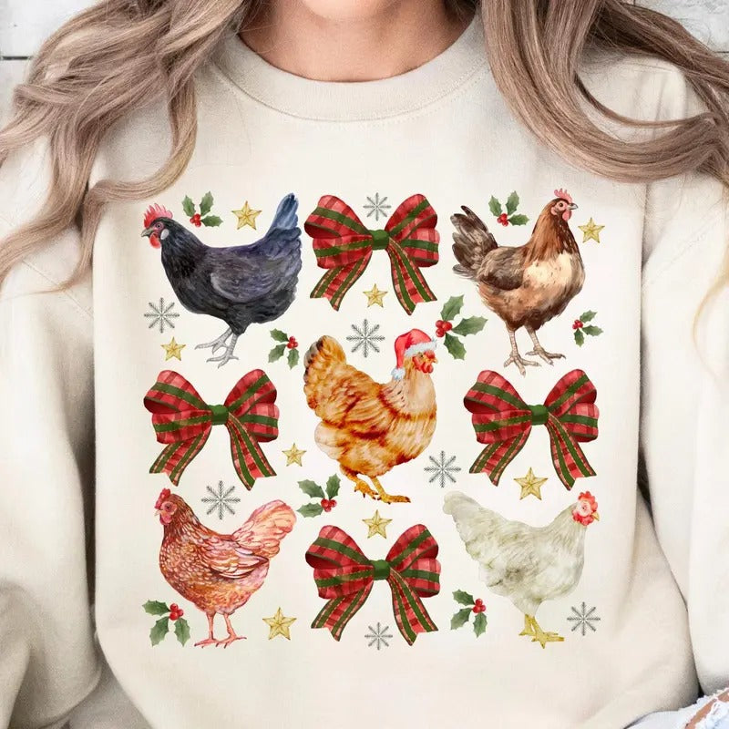 Chicken Christmas Sweatshirt, Christmas Chicken Coquette Bow Tee, Christmas Farm, Trendy Chicken Christmas, Chicken Mom...