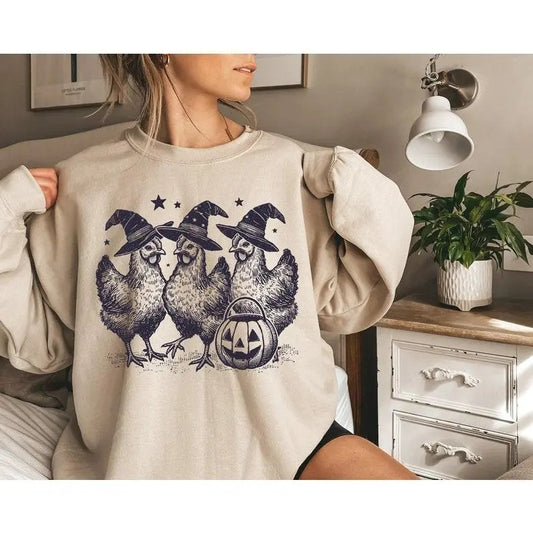 Chicken Witches Funny Halloween Sweatshirt, Vintage Chicken Witch Sweater, Funny Women Halloween Gift, Funny Halloween Tee