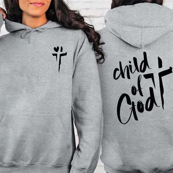 Child Of God Hoodie - Grey Cotton Religiously Inspired Hoodie with Jesus Design and "Child of God" Text T-Shirts, Sweatshirt