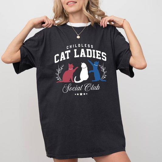 Childless Cat Ladies Social Club Comfort Colors Shirt, Cat Lover Graphic T-shirt, Meme Unhinged Top, Funny Shirt For Women, Cat Ladies Social Club 2024, Comfy Fabric Graphic Tee, Women's Tops, Womenswear, Cotton Fabric Relaxed Fit Chic Style