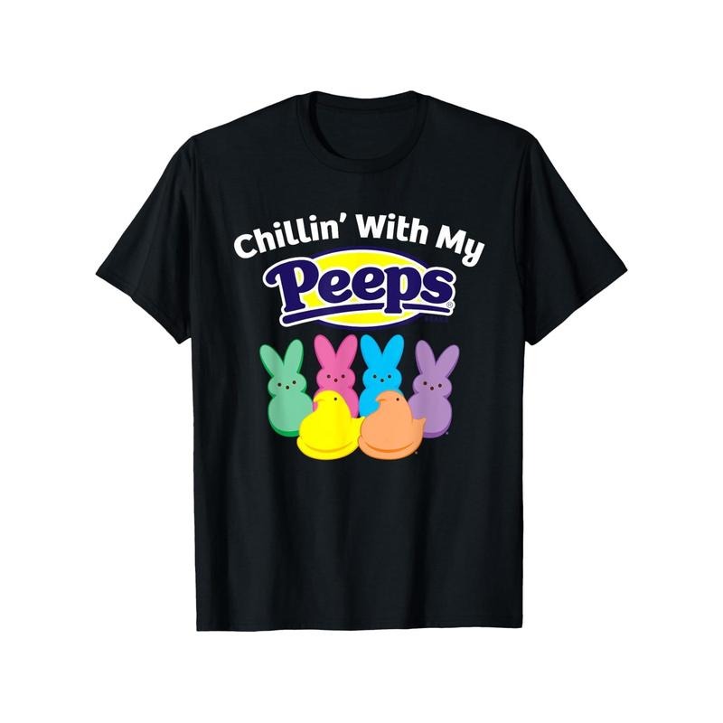 Chillin' with My Peeps" Black Easter T-Shirt - Colorful Bunny Design, 100% Cotton Crew Neck, Short Sleeve - Ideal Gift for Family, Friends, & Coworkers on New Year, Valentine's Day & Birthdays, Animal Print, Winter, Polyester made in usa