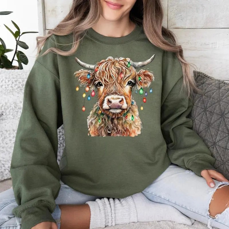 Chistmas Lights Wrap Cow Country Western Sweatshirt, Cowgirl, Cowboy, Country Side Cow Xmas Lights Tee