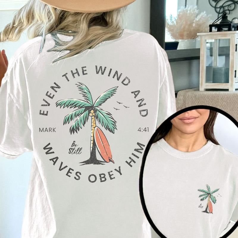 Christian Bible Verse Pattern Lightsaber brand Shirt, Beachy Backprint Tops, Trendy Coconut Tree Shirt Unisex Tee Teen...