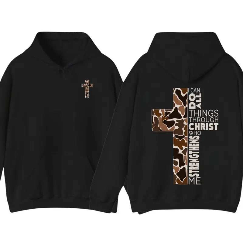 Christian Hoodie Sweatshirt T shirt- Camo Cross Design with Philippians 4:13 Verse, Perfect for Faithful Believers and Outdoorsmen, Cozy Hoodie for Everyday Comfort and Spiritual Strength