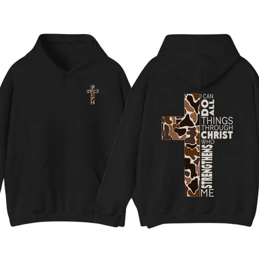 Christian Hoodie Sweatshirt T shirt- Camo Cross Design with Philippians 4:13 Verse, Perfect for Faithful Believers and Outdoorsmen, Cozy Hoodie for Everyday Comfort and Spiritual Strength