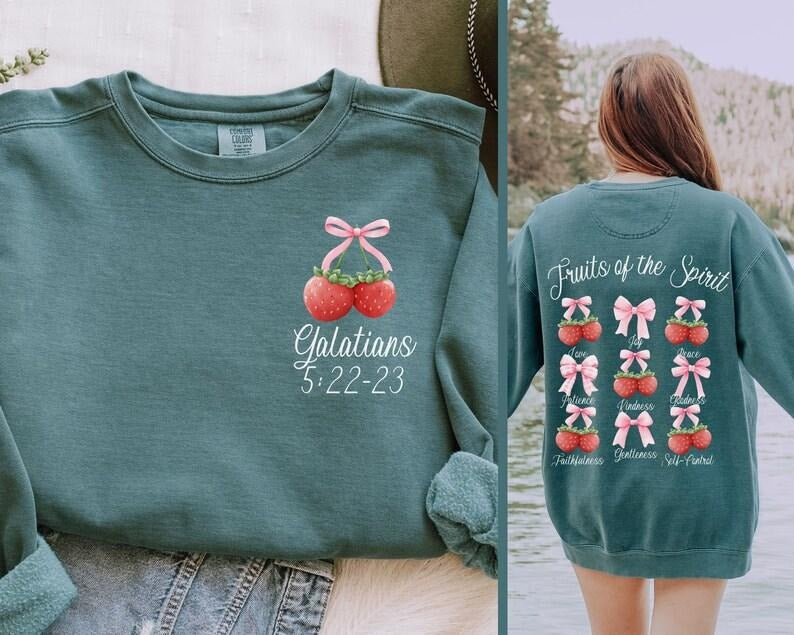 Christian Shirt Women Strawberry Tshirt Fruit of the Spirit Bible Verse Tee Coquette Clothing Bow Sweatshirt Teenage Girl Cute Gifts for Her