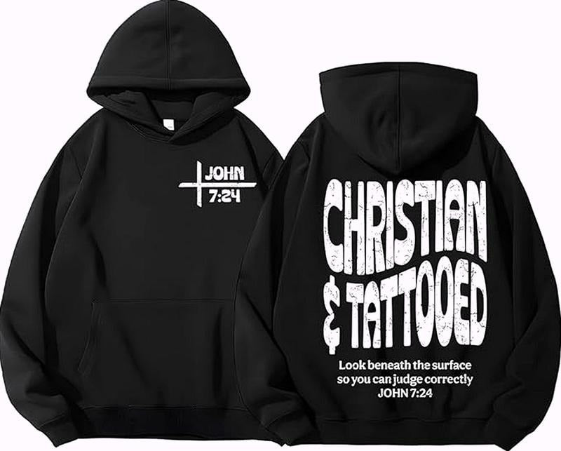 Christian and Tattooed Hoodie Jesus Faith 2 Sided Graphic Hoodie Casual Fleece Fabric Pullover Hooded Sweatshirt Trendy Tops for Unisex, Perfect Gift