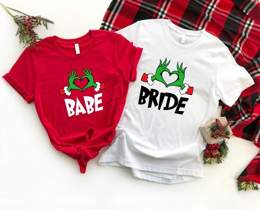 Christmas Bachelorette Party Shirt, Bride And Babe Christmas T-Shirt, Xmas Bridal Party Tee, Matching Bridesmaid Tee, Bride To Be Gift Tee.