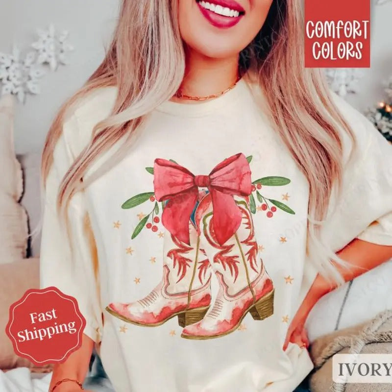 Christmas Boots Shirt Holiday Tshirt,  Country Christmas Tee, Women's Holiday Tee Hoodie, Sweatshirt | DripVista.com