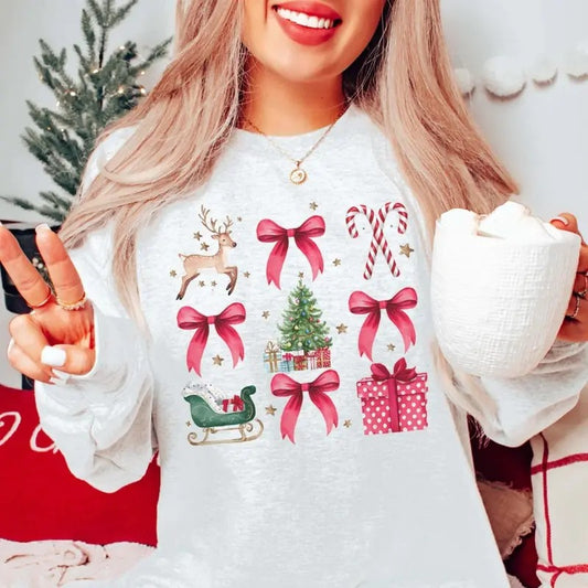 Christmas Bow Collage Graphic Tee - Candy Cane - Reindeer - Coquette Christmas Shirt - Santa Claus - Red Bow Christmas - Cute Christmas Gifts