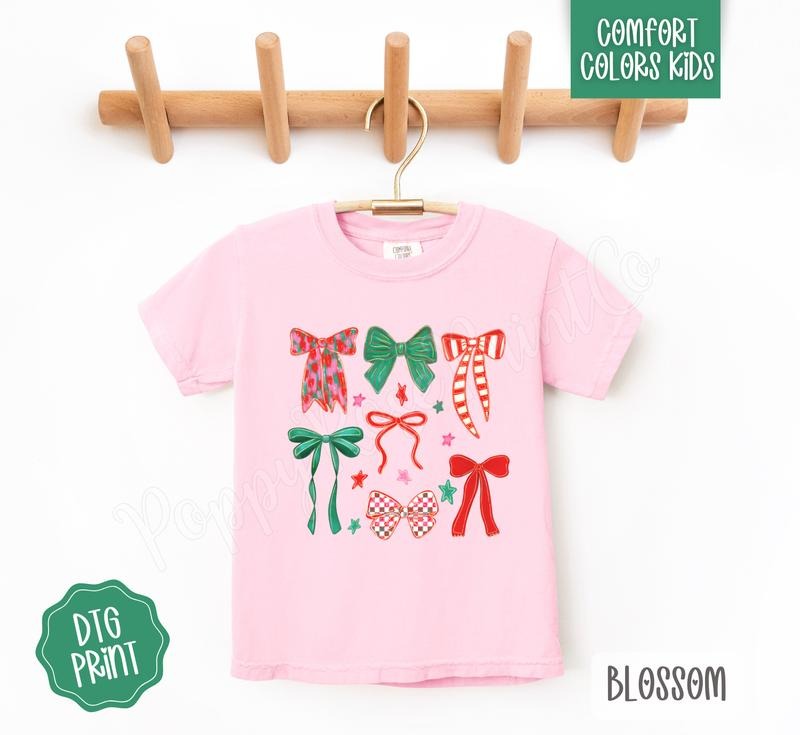 Christmas Bows Youth Comfort Colors Tshirt, Holiday Tee for Kids