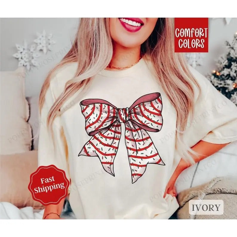 Christmas Cake Bow Shirt Holiday Tshirt,  Women's Holiday Tee, Christmas Crewneck, Coquette Christmas Tee, Gift for Her...