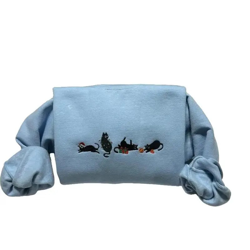 Christmas Cats Embroidered Sweatshirt | Cozy- Comfort Holiday Cat Lovers Gift